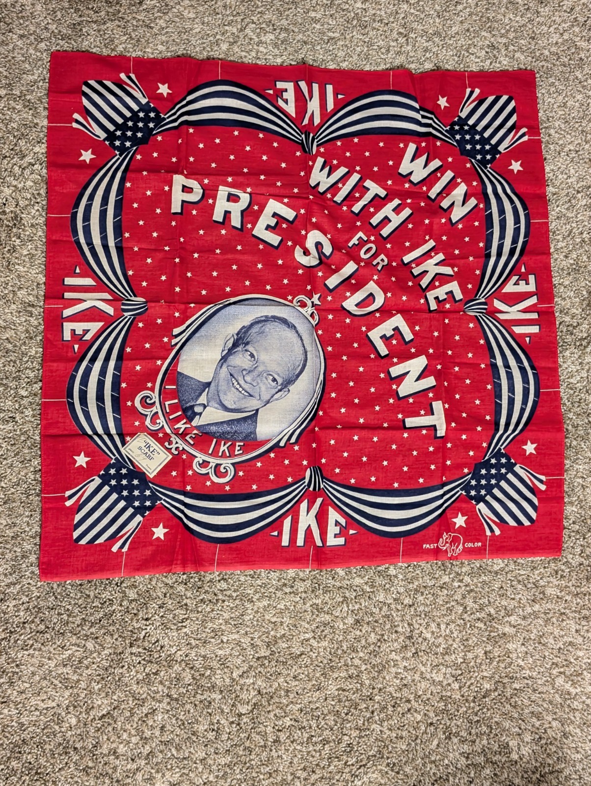 1952 Dwight Eisenhower Win with Ike for President Bandana w/ original sticker