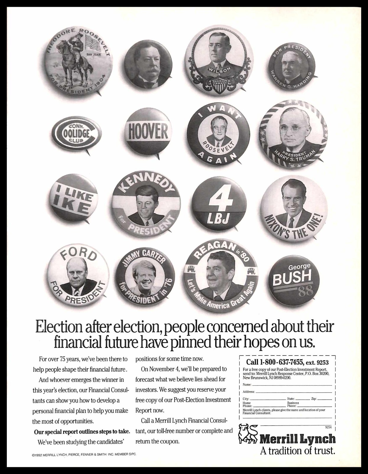 1992 Merrill Lynch Finances PRINT AD Presidential Election Campaign Buttons
