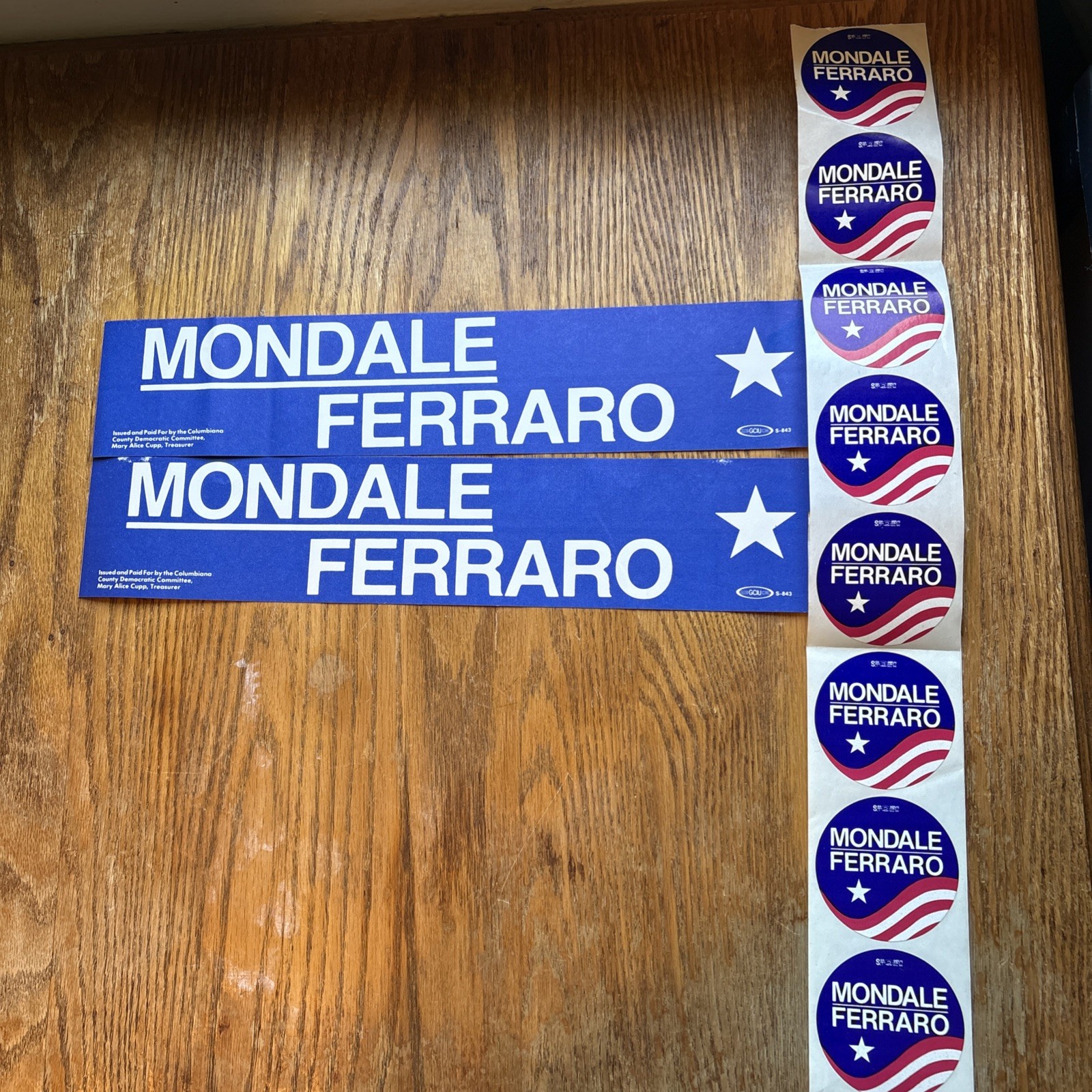 2 Walter Mondale Geraldine Ferraro Presidential Bumper and 12 Round Stickers.