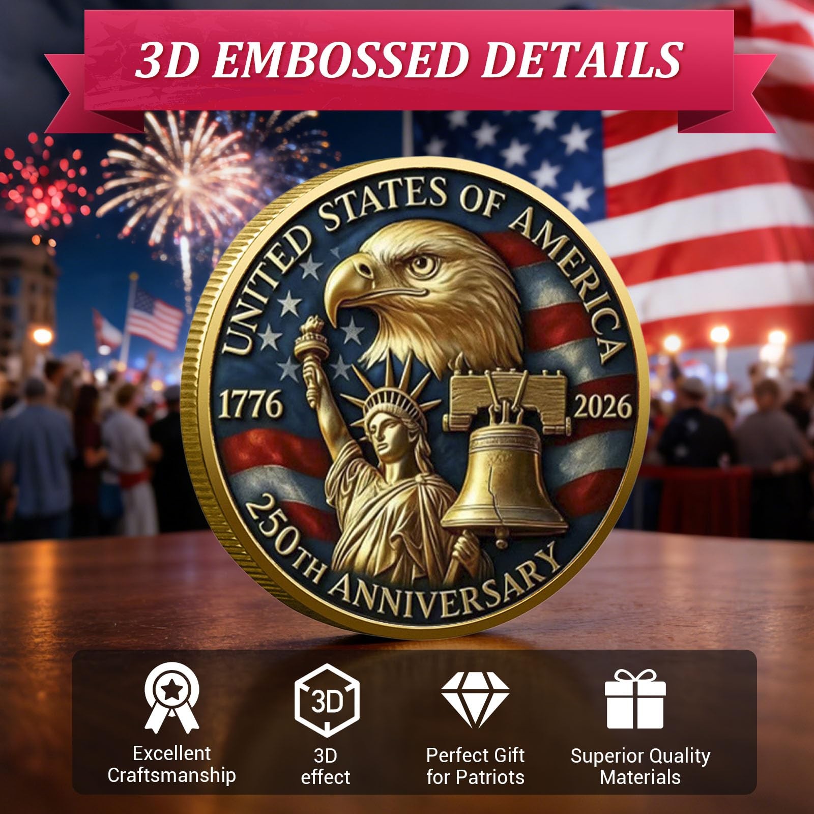 USA 250th Anniversary Commemorative Coin 1776-2026 with Premium Gift Box, Ame…