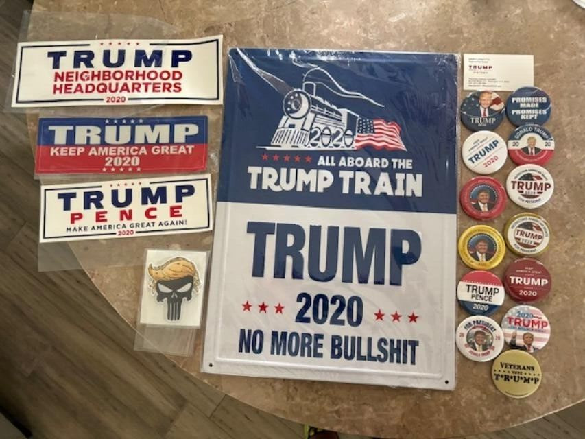LOT – Trump 2020 Election Memorabilia – Metal Sign/Stickers/Pinbacks/Patches