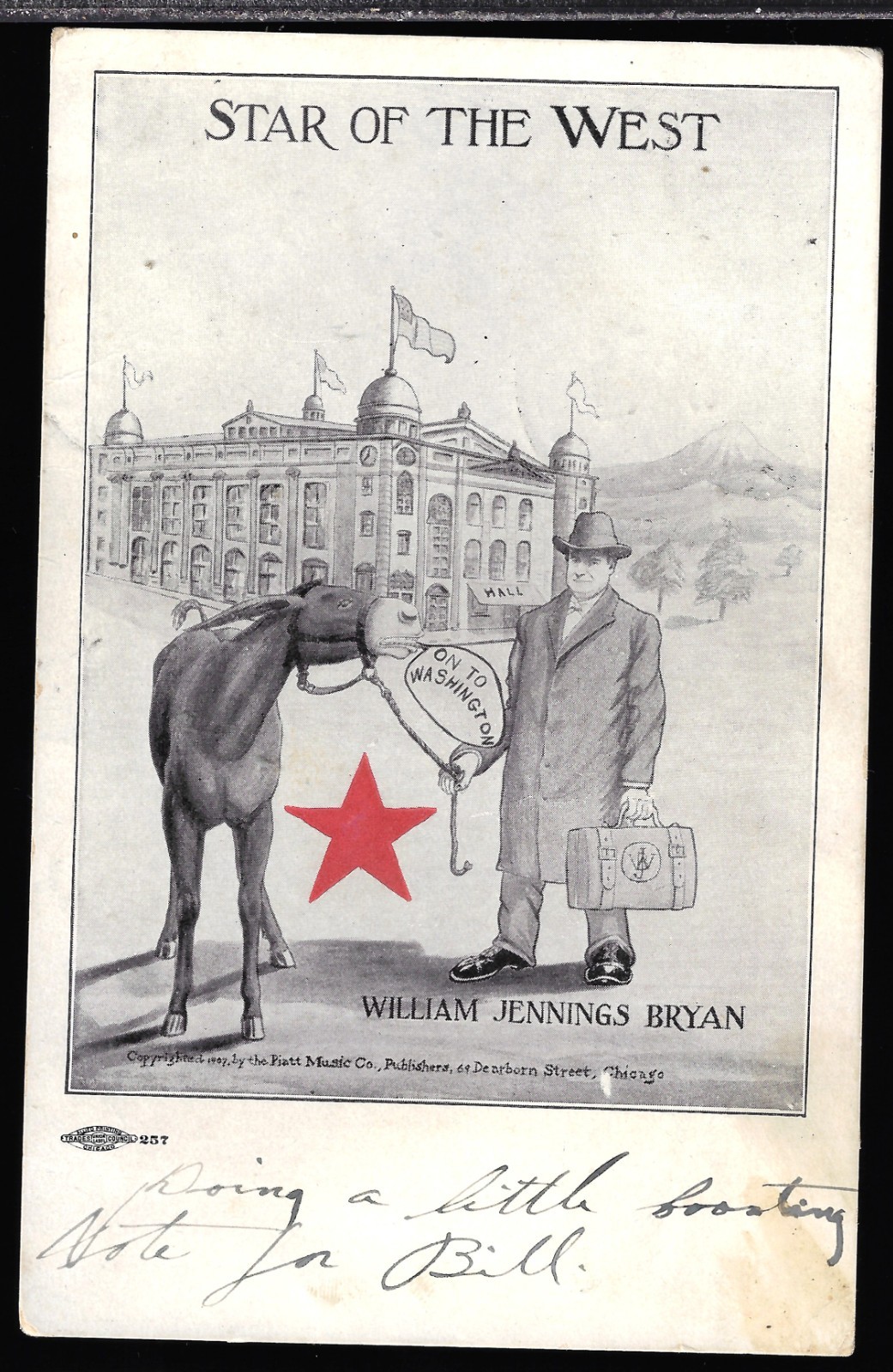1908 Wm J Bryan Star of West Set #2 Prez Campaign Postcard Piatt Music Cartoon