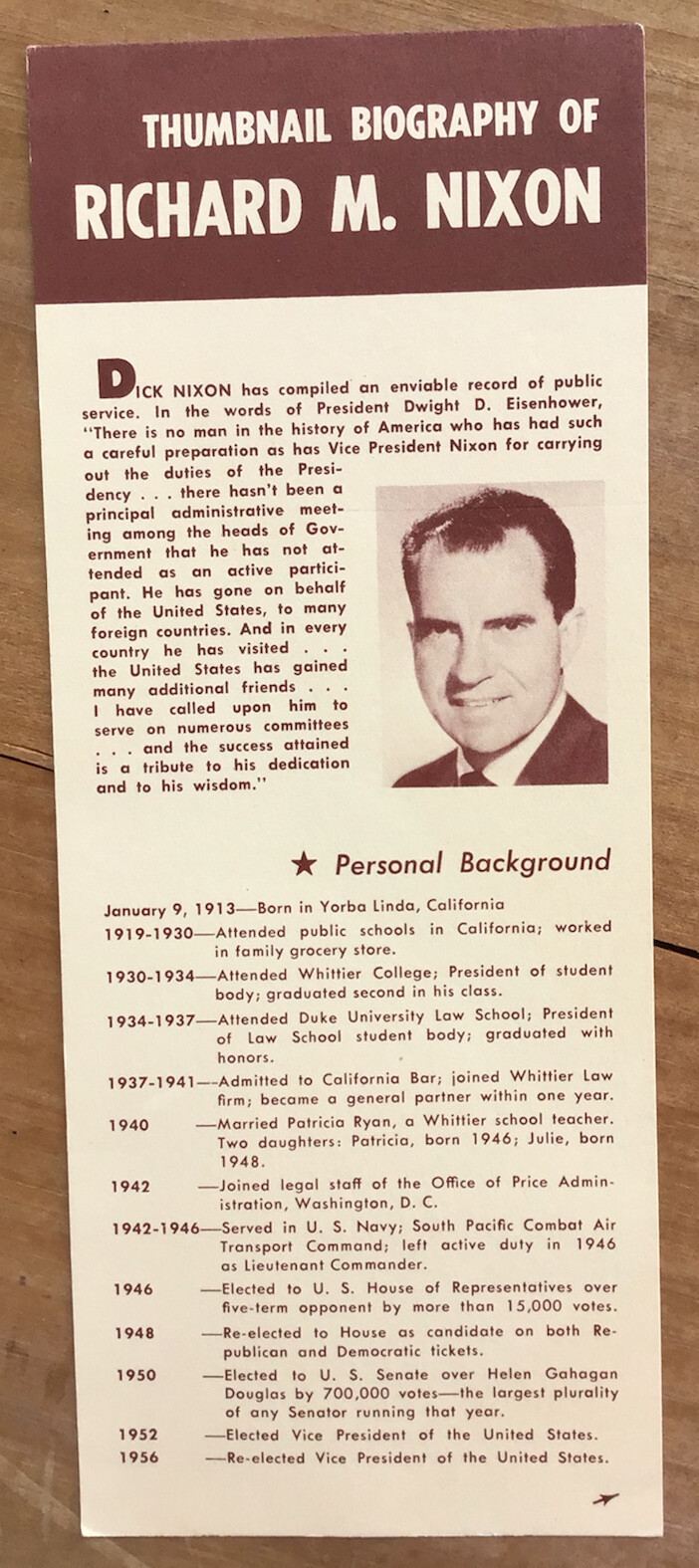 Thumbnail Biography of Richard M Nixon Card Flyer Campaign Ephemera Dick Nixon