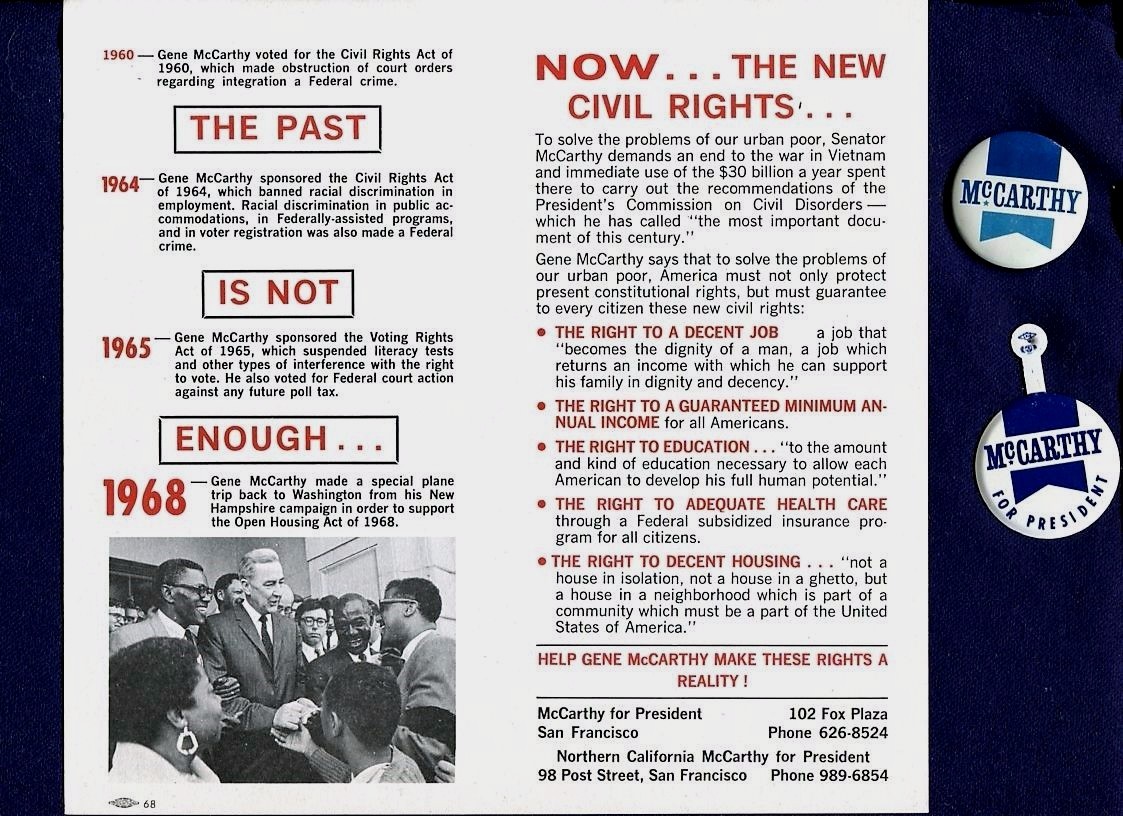 1968 Eugene McCarthy 3 Items CIVIL RIGHTS Urban Poor Vietnam~San Francisco Flyer