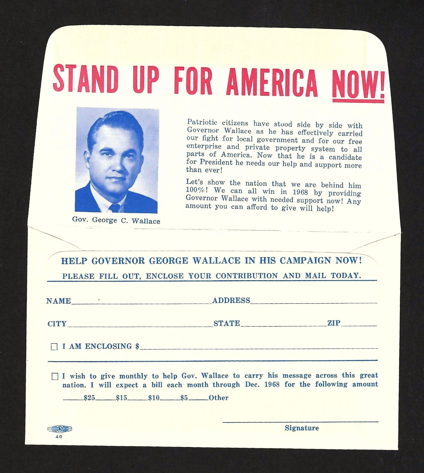 George Wallace For Governor of Alabama Fund Raising Return Envelope