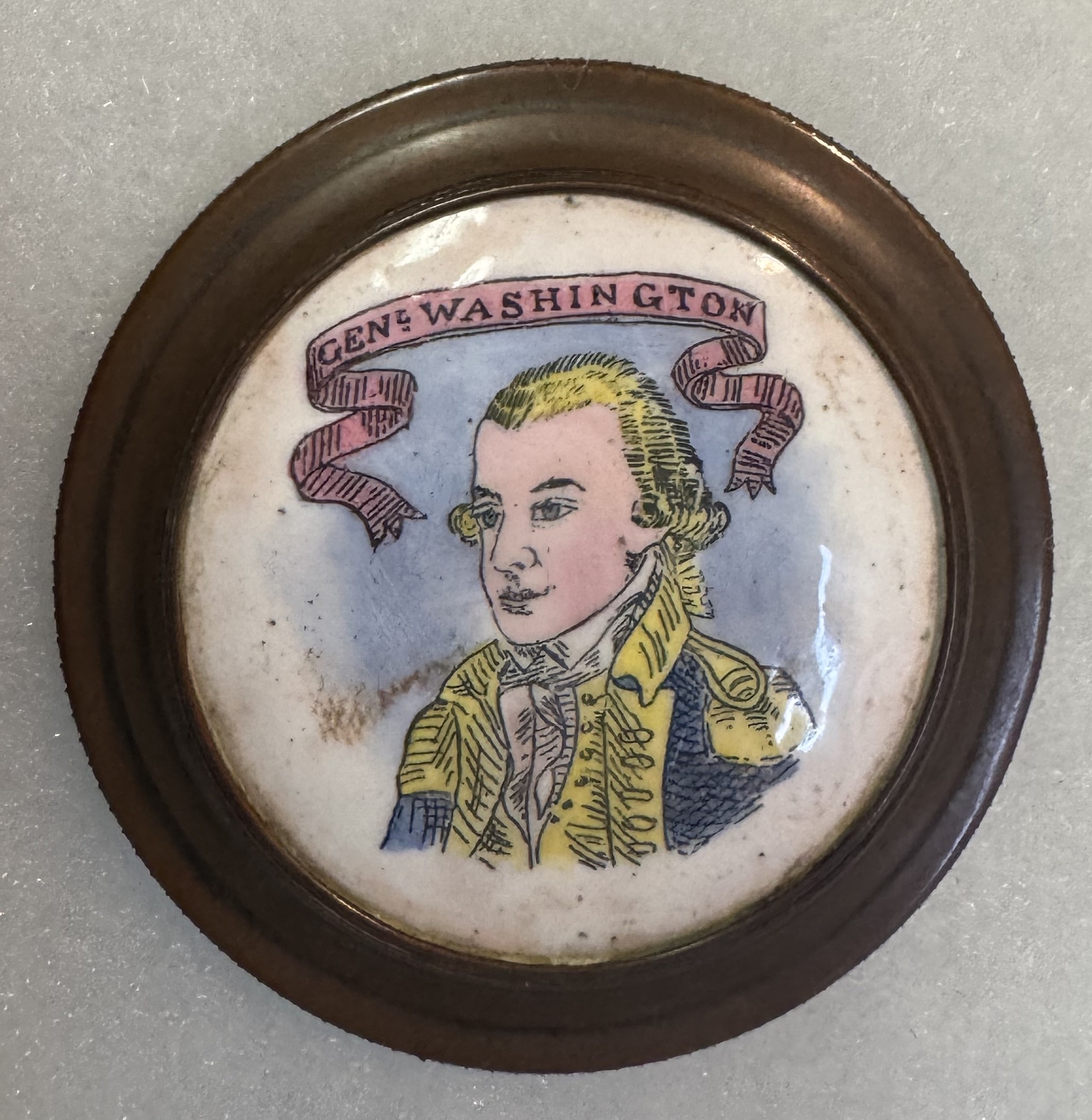 ca 1780s GEORGE WASHINGTON PORCELIN/BRASS CERAMIC CURTAIN TIE-BACK; BRIGHT & EXC