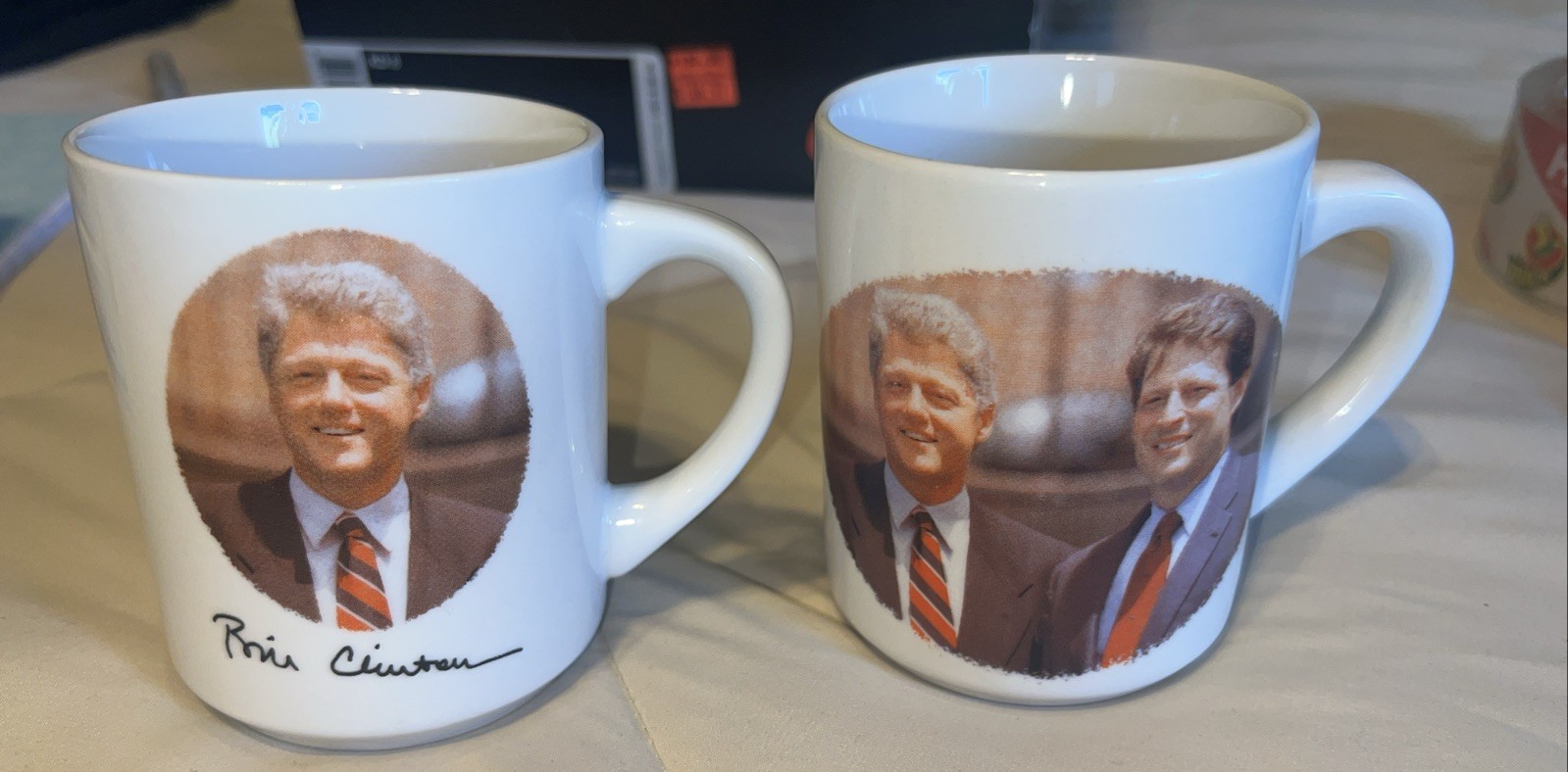2 1992 Presidential Campaign Mug Bill Clinton Gore Portrait Vintage Collectable
