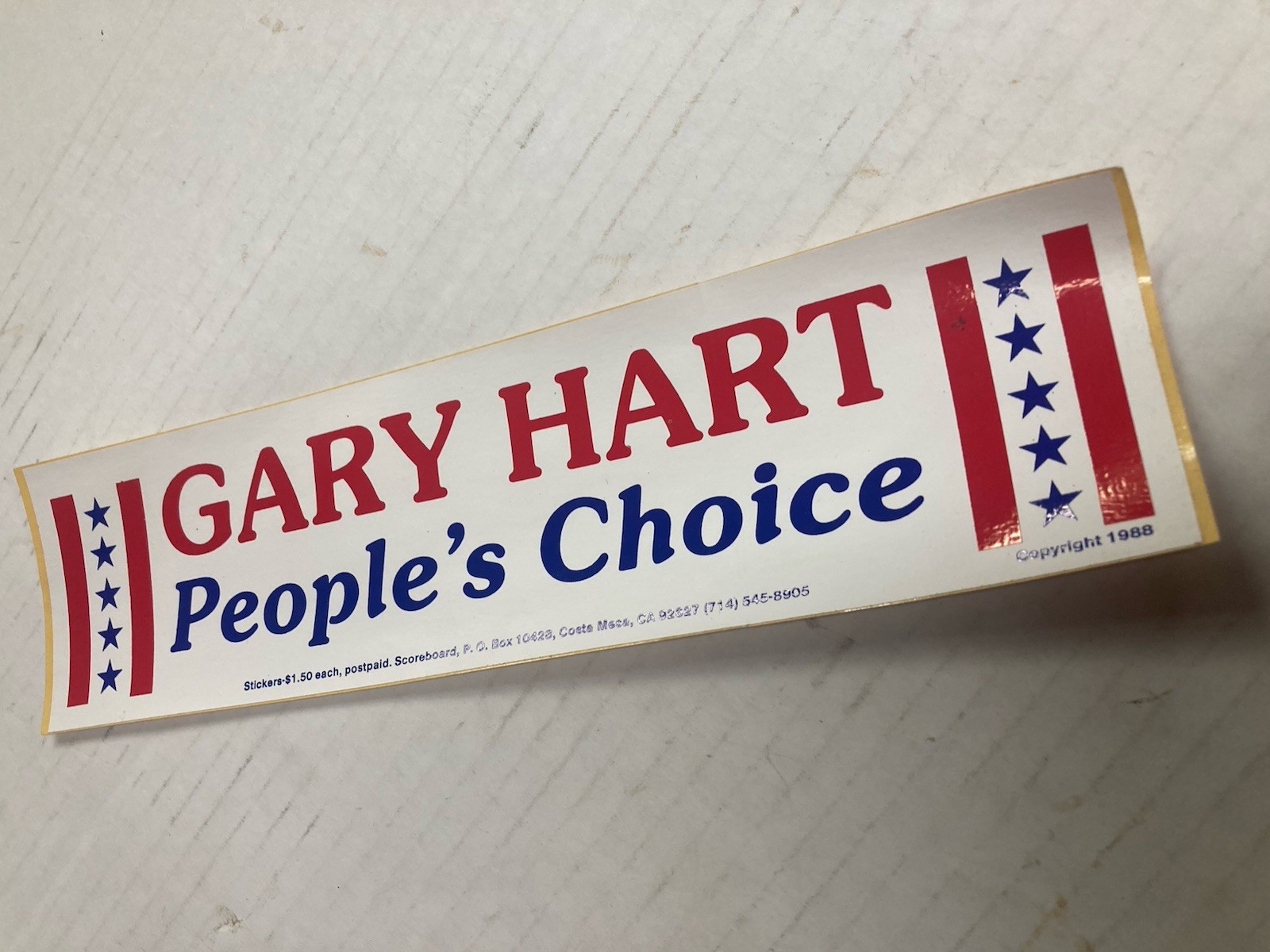 GARY HART “PEOPLE’S CHOICE” 1988 President VTG Political Bumper Sticker