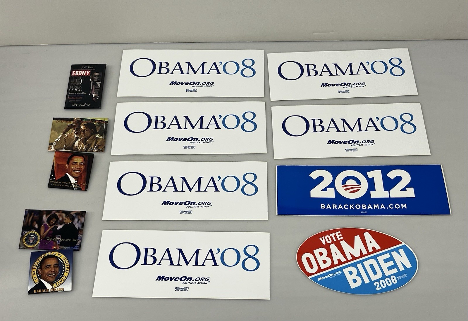 Lot 13 Political Campaign Barack Obama 2008 & 2012 Bumper Stickers Pin Buttons
