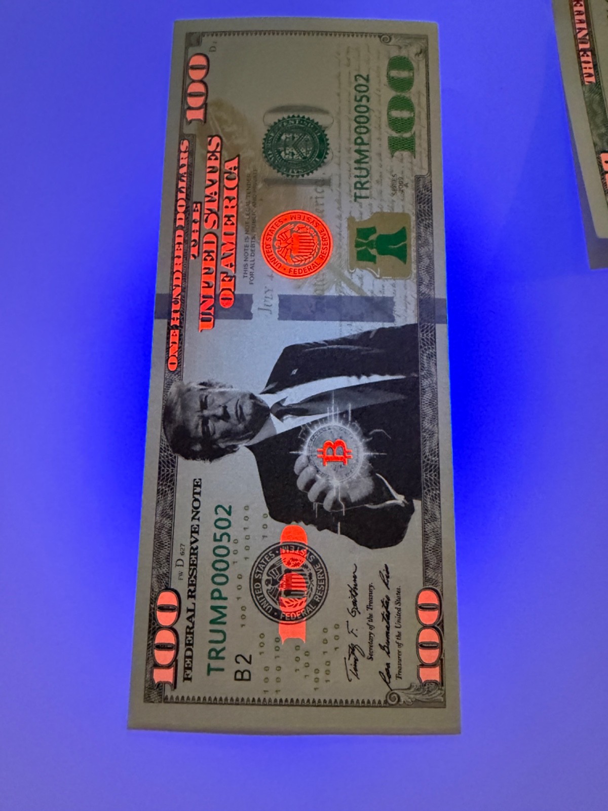 Donald Trump BTC President, 10 X One Hundred Dollars, 2025 NOVELTY Bill, UV Pass