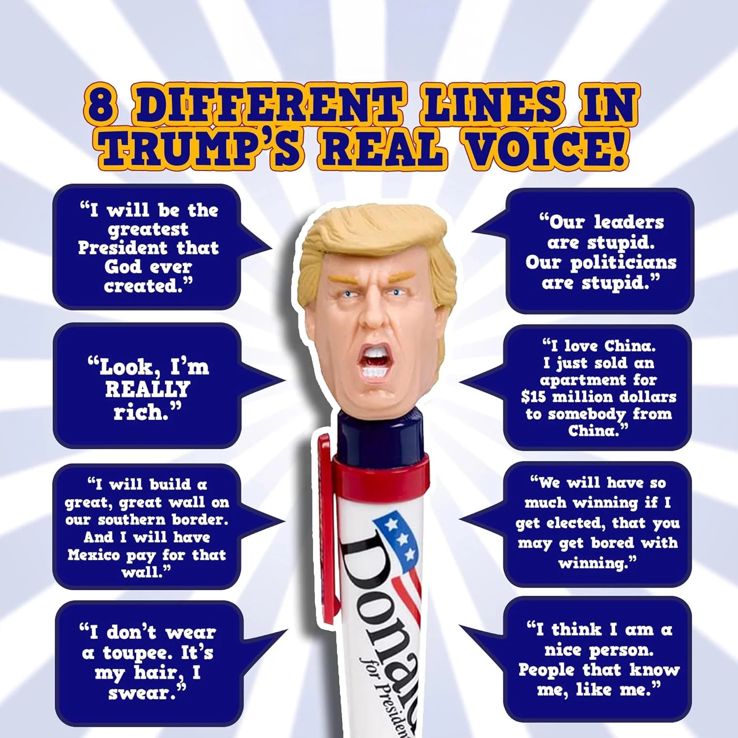 Donald Trump Talking Pen – Fathers Day Present for Dad – Press His Hair & Hear 8
