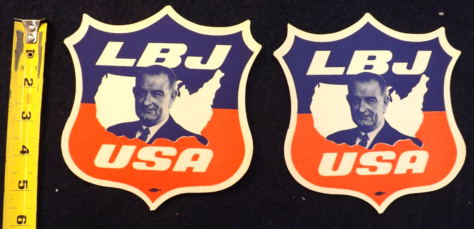 VINTAGE 1960s LBJ USA LOT OF 2 DECAL STICKERS President Lyndon Johnson Large 6″