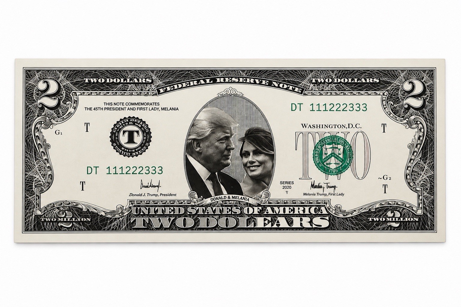 Donald & Melania Trump $2 Bill Foil Overlay Collectible Inauguration Novelty