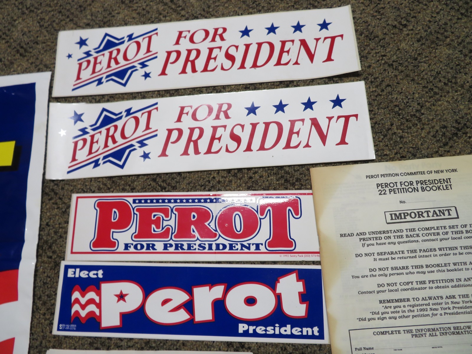 1996 Perot for President plastic political yard sign 16×25.5, bumper stickers