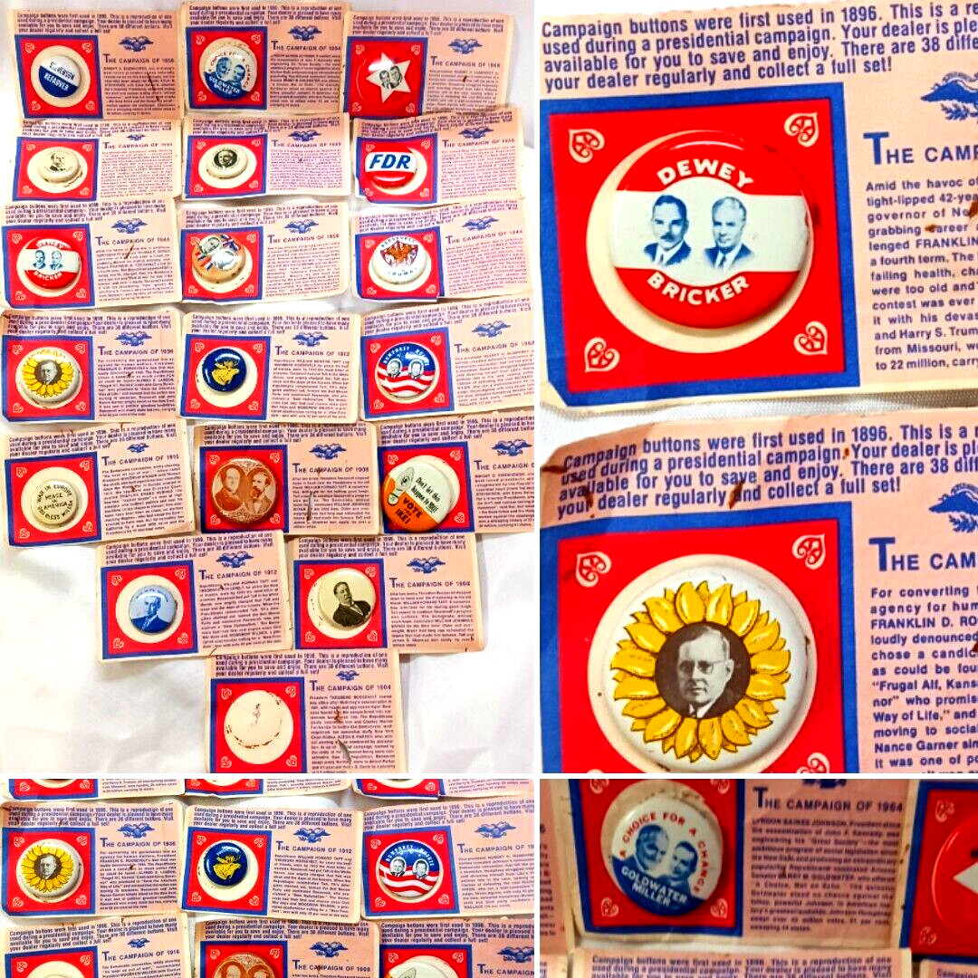 LOT OF 17 REPRODUCTION POLITICAL CAMPAIGN BUTTONS PINS WITH CARDS SEE PICS