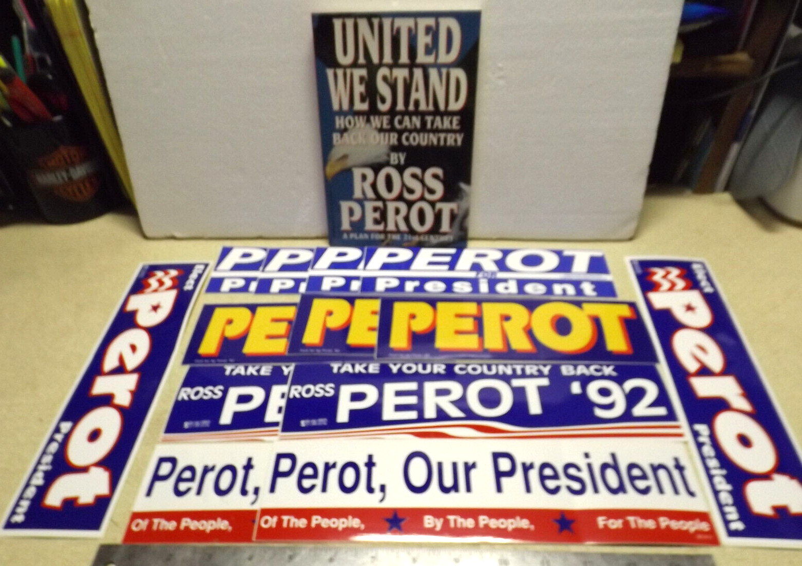 AUTHENTIC Lot of 13 Ross PEROT Political BUMBER STICKERS & UNITED WE STAND BOOK