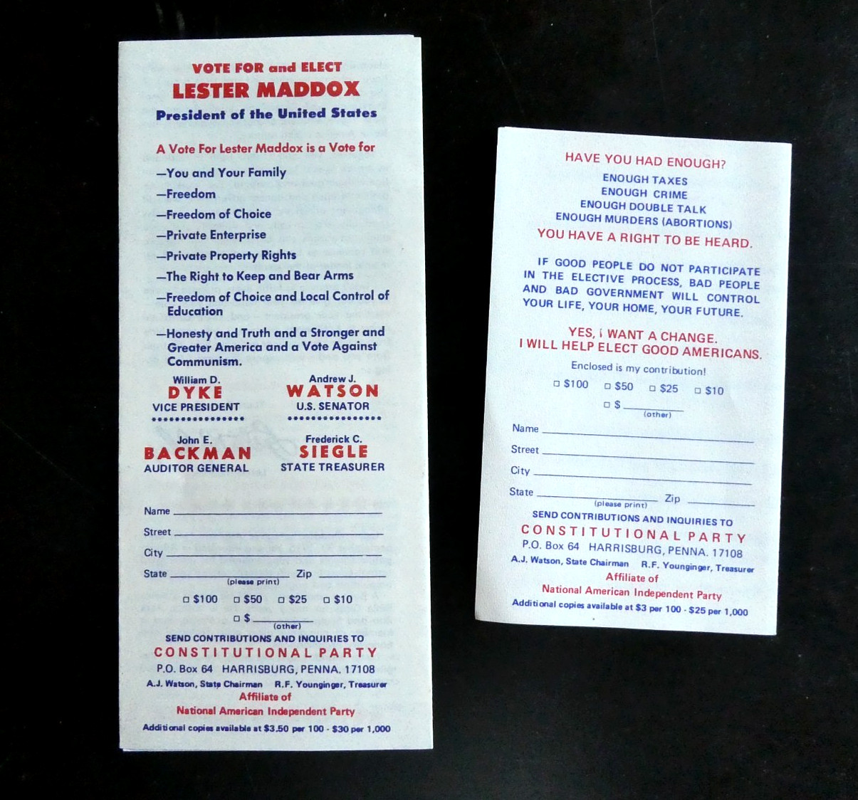 1976 Lester Maddox For President Brochure Cards Georgia Governor segregationist