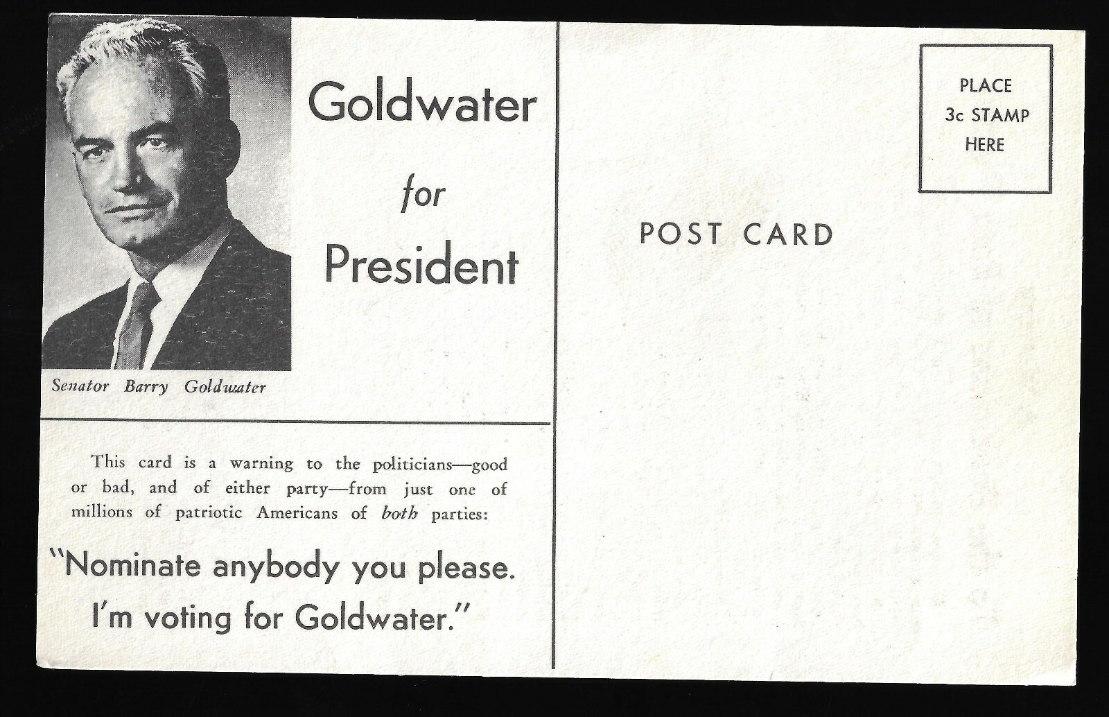 1960 (Yes, 1960) Barry Goldwater for President Campaign Postcard Larger Size