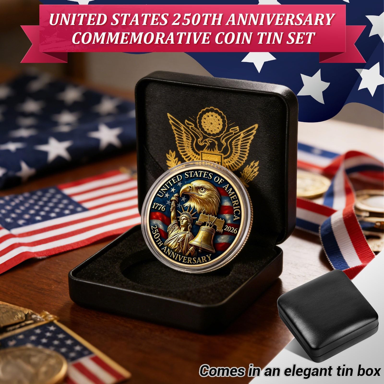 USA 250th Anniversary Commemorative Coin 1776-2026 with Premium Gift Box, Ame…