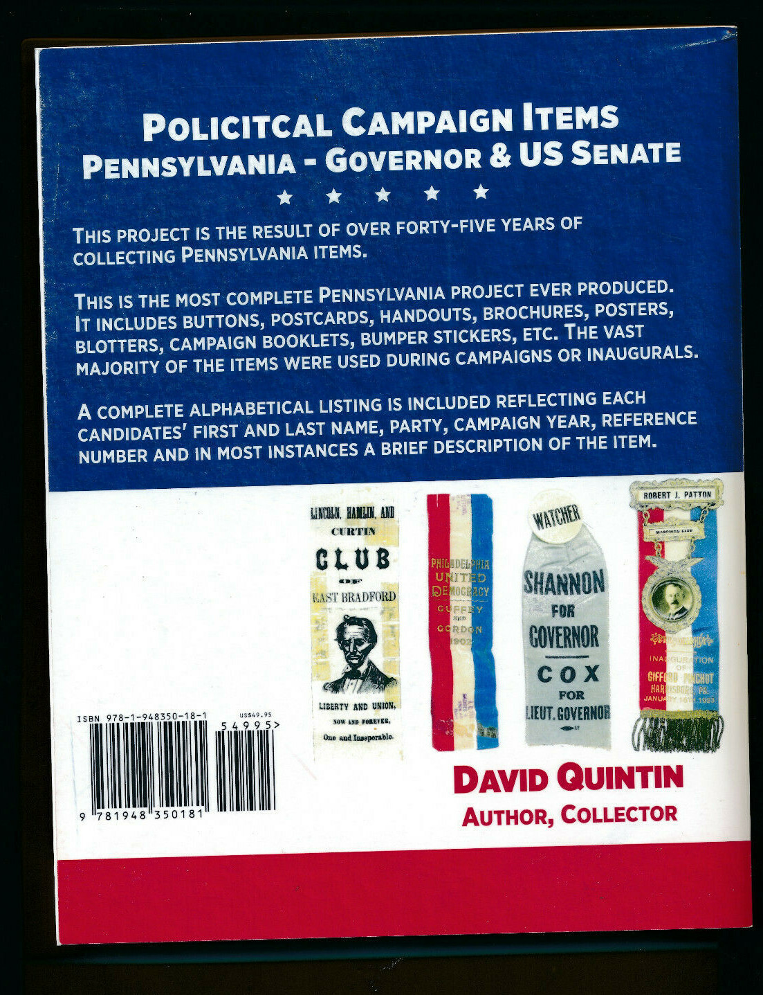Political Campaign Items Pennsylvania Governors & USSen 454 page full color book