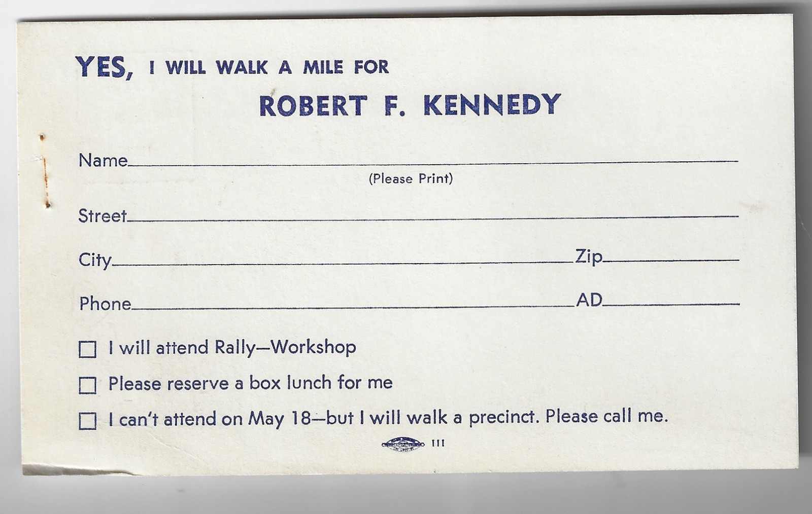 5/18/ 1968 Robert Kennedy President Campaign Event Postcard Walk a Mile for RFK