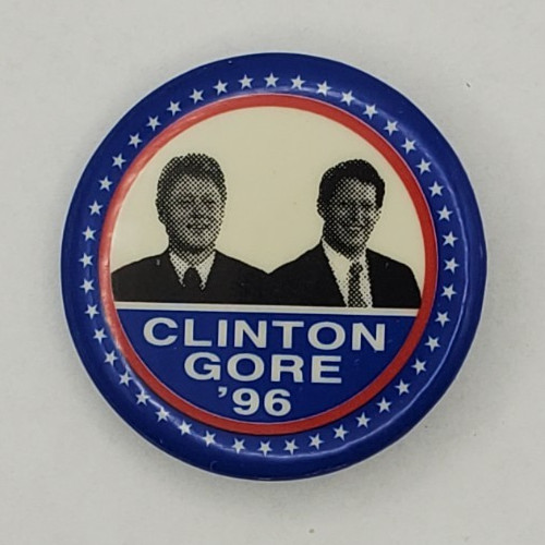 Vintage 1996 Clinton Gore 96 Presidential Campaign Pinback Button Blue Version