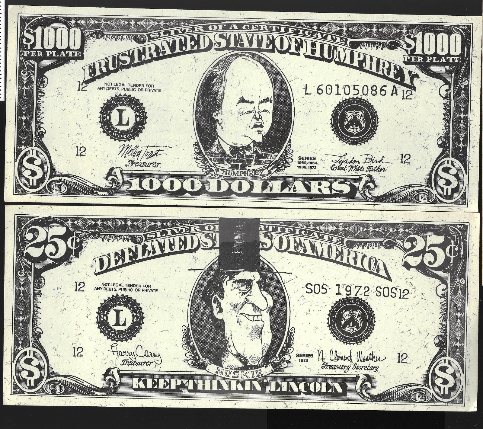 1972 Pair Oversize Funny Money $$ Bills Hubert Humphrey Edmund Muskie Campaigns