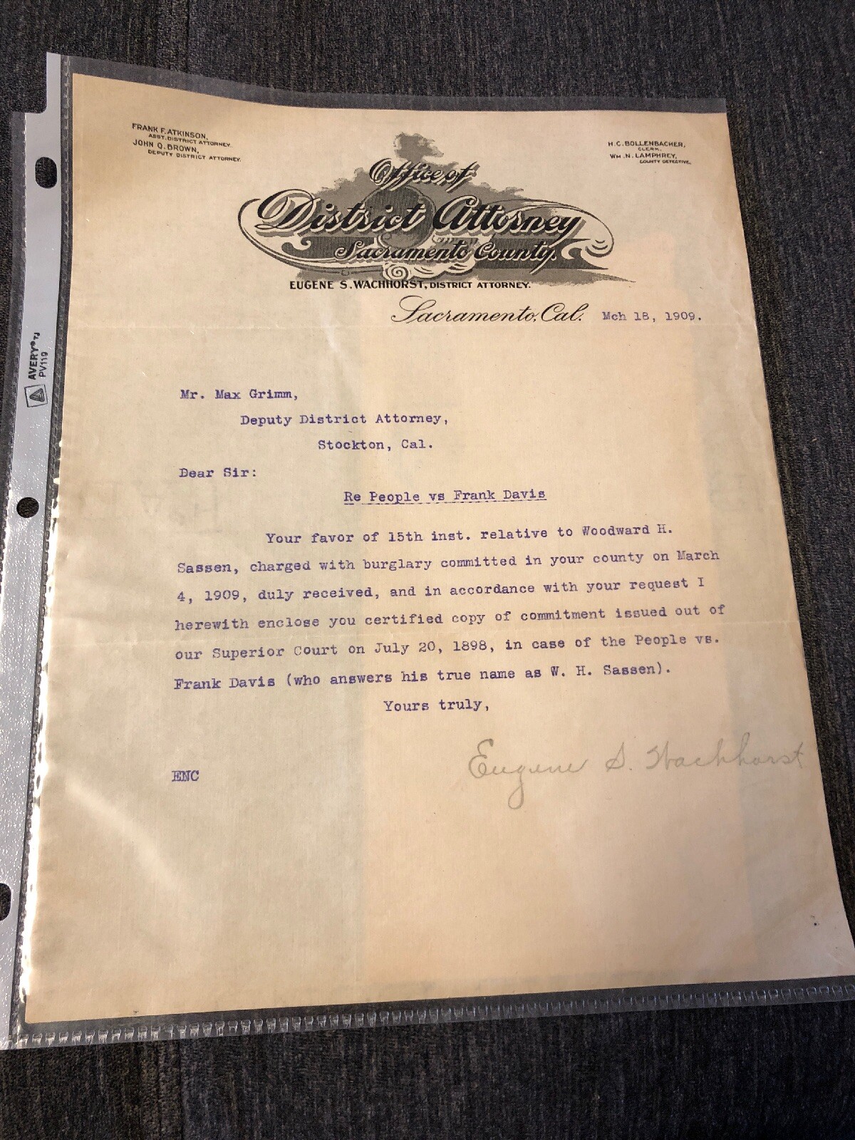 Antique Autograph letter Eugene Wachhorst – District Attorney Sacramento 1909