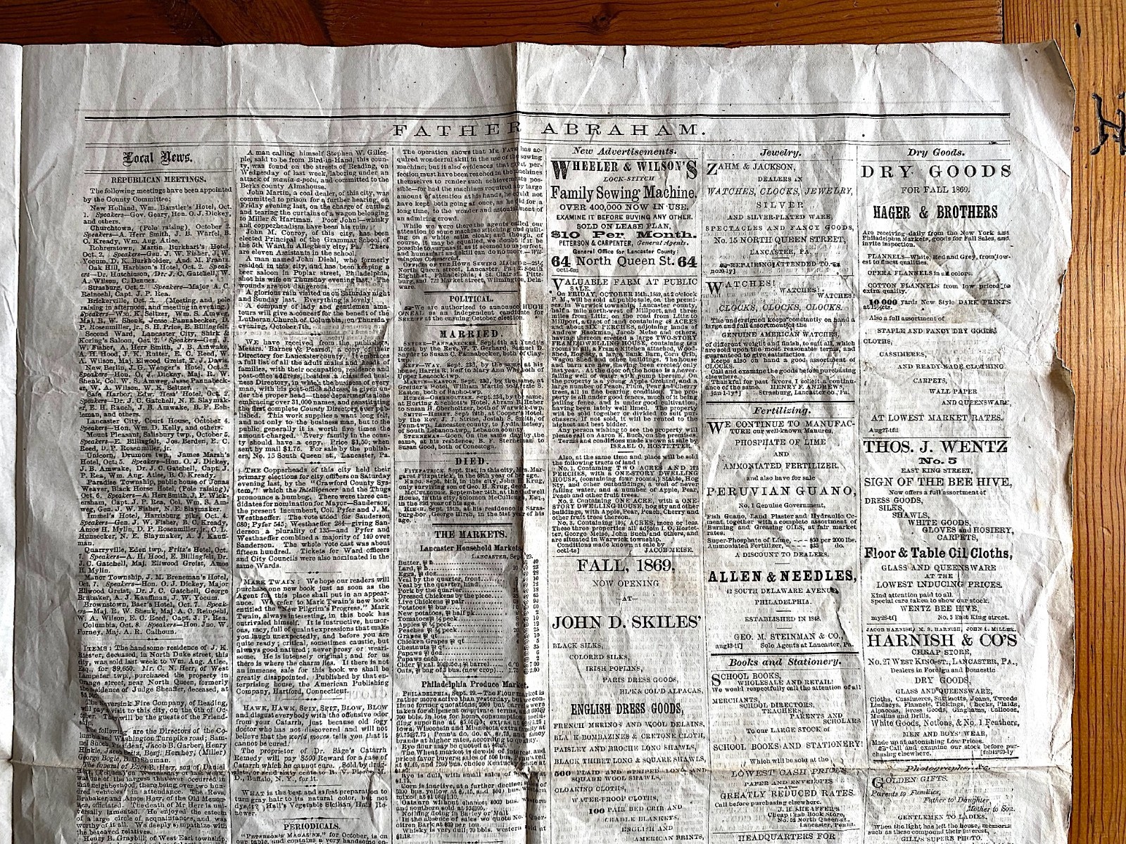 Father Abraham Lincoln 1869 Lancaster PA Political Campaign Newspaper U.S. Grant