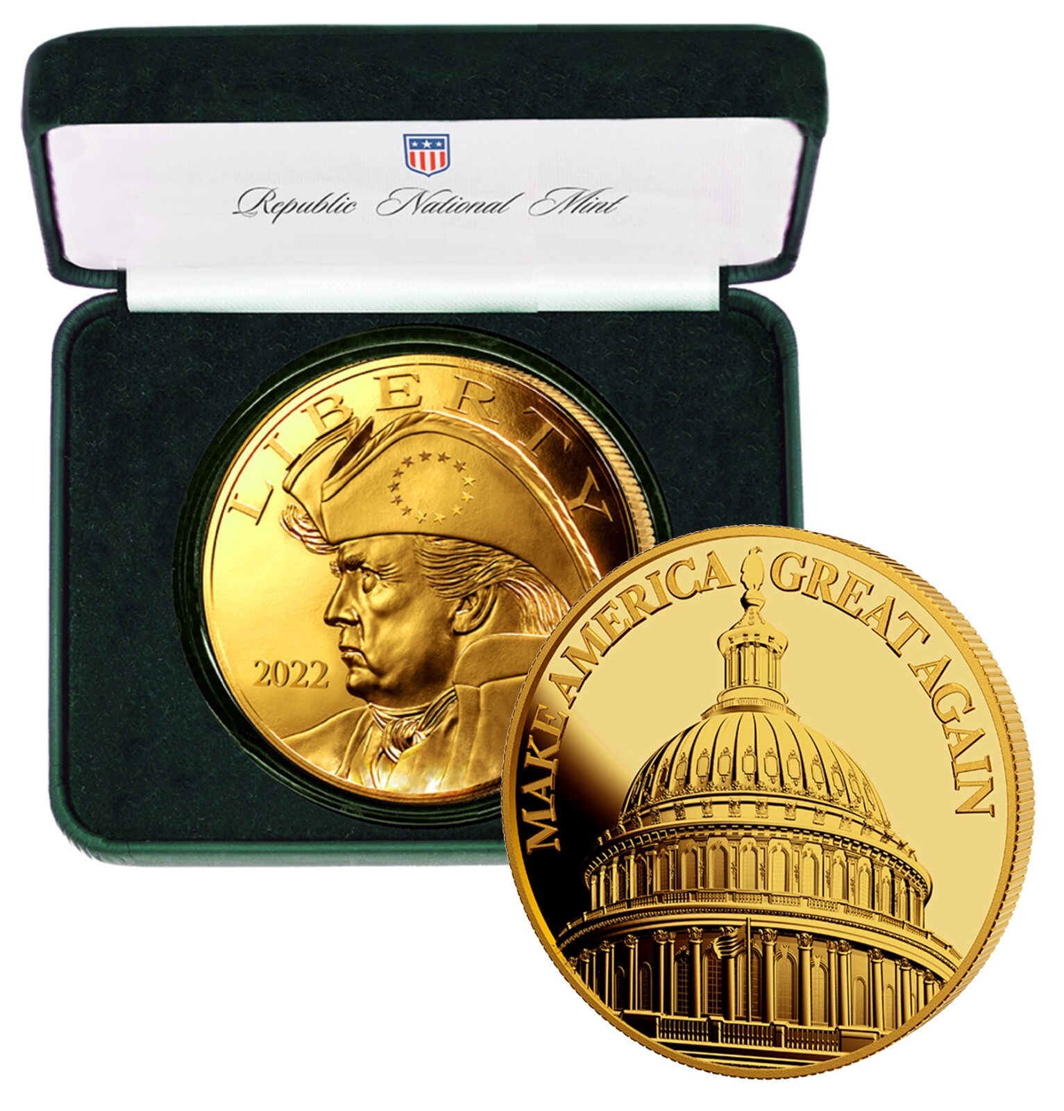 2022 Trump Patriot Gold Coin – US Capitol In Green Velvet Green Box