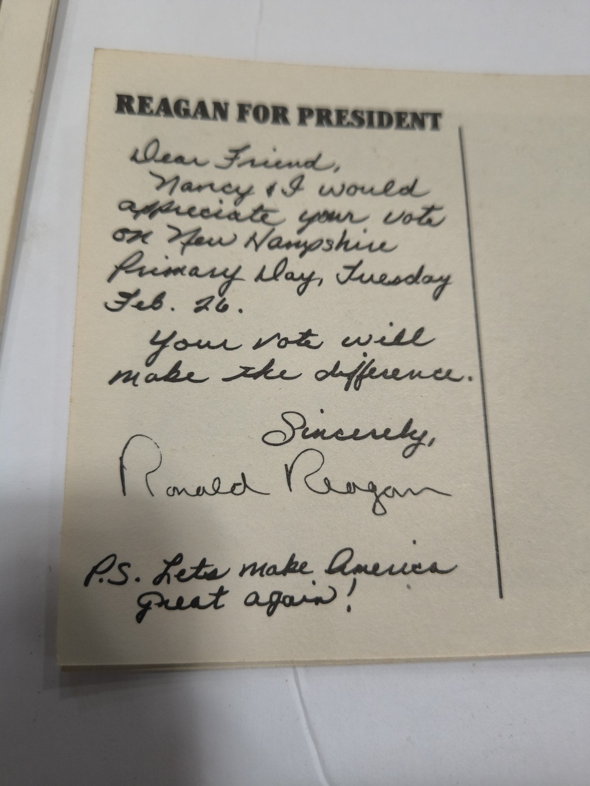 Rare Political Ronald Reagan Campaign Card 1980 With Signature Copy Crisp Edges