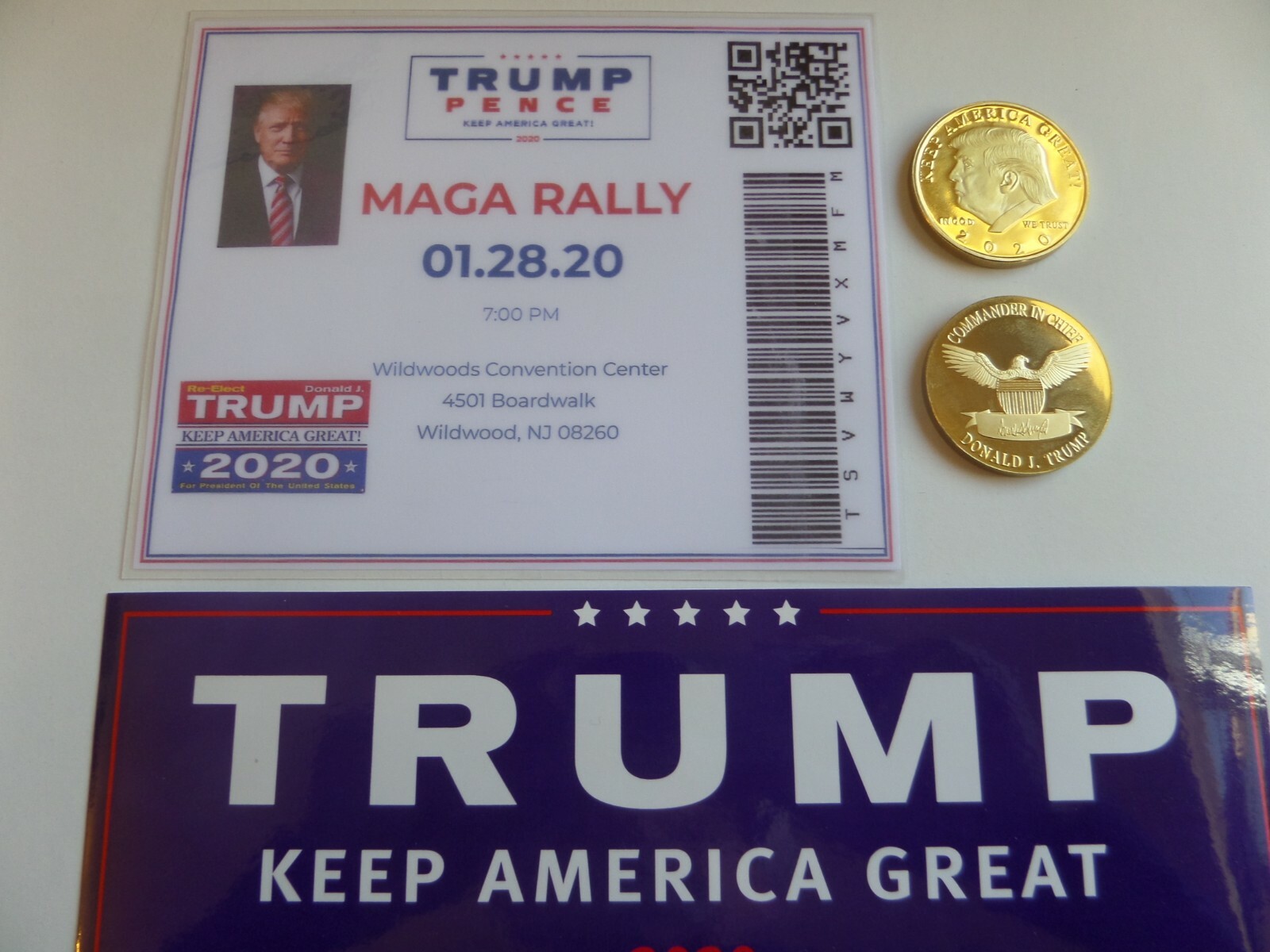 DONALD TRUMP (MAGA) RALLY- WILDWOOD, NJ, 01-28-2020 TICKET-BUMPER STICKER & COIN