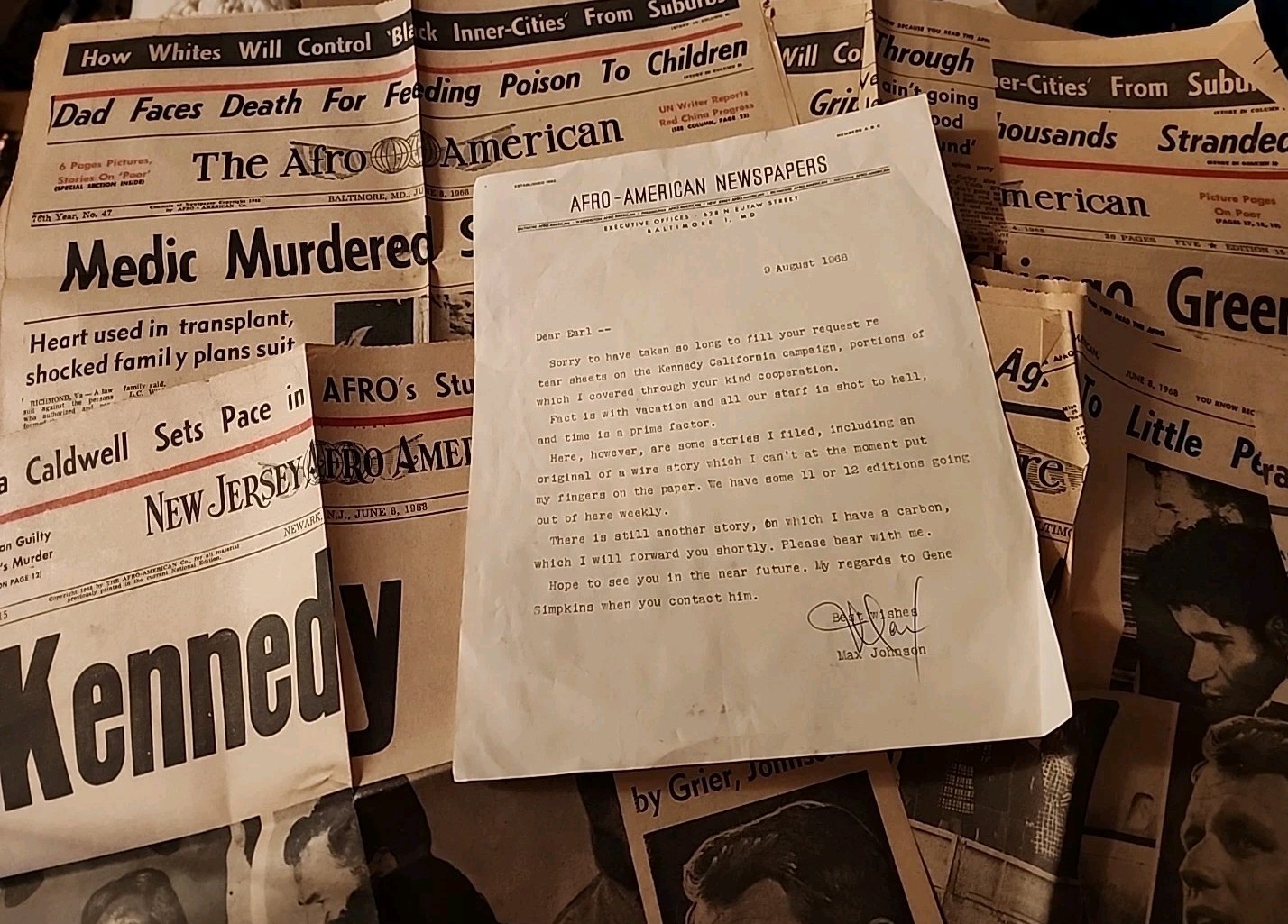 SIGNED Max Johnson Letter & AFRO AMERICAN BOBBY KENNEDY ASSASSINATION NEWSPAPERS
