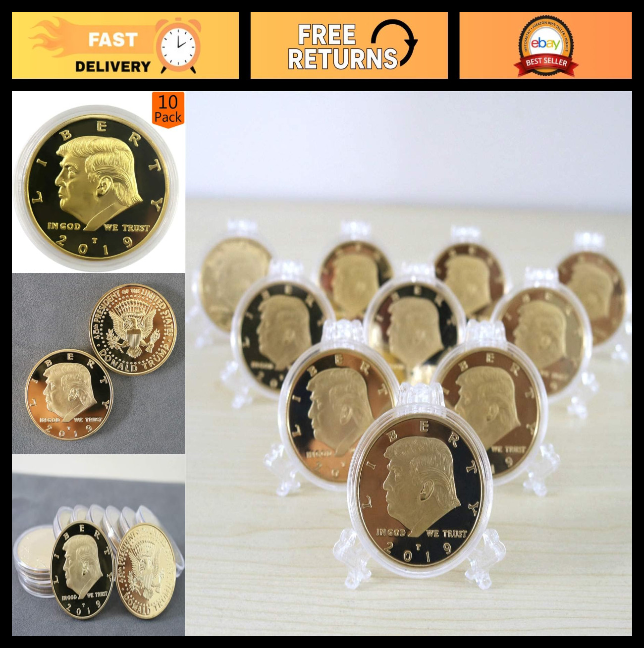 10-Pack Gold Plated Commemorative Coins, Collectible Gift, Trump Memorabilia