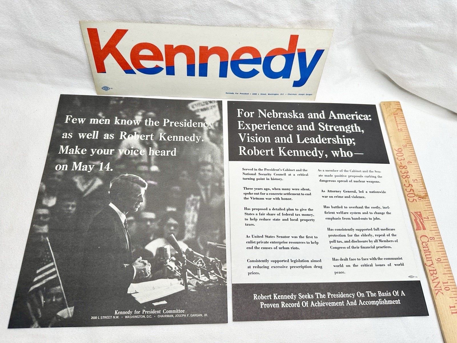 (3pc.) Original 1968 ROBERT F. KENNEDY CAMPAIGN Bumper Sticker & 2 Flyers