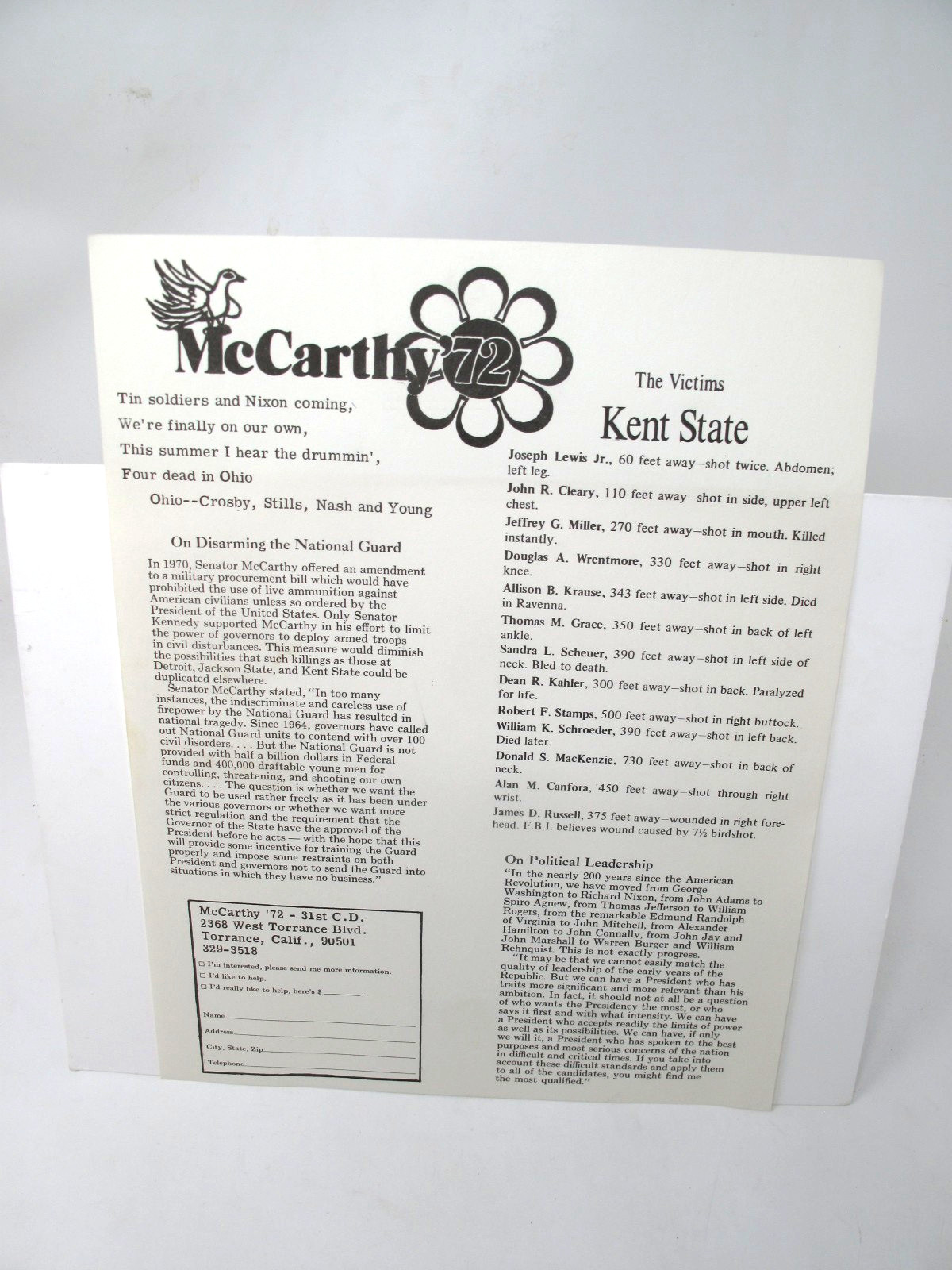 1972 Eugene McCarthy KENT STATE Campaign Leaflet Single Sheet Broadside Vietnam