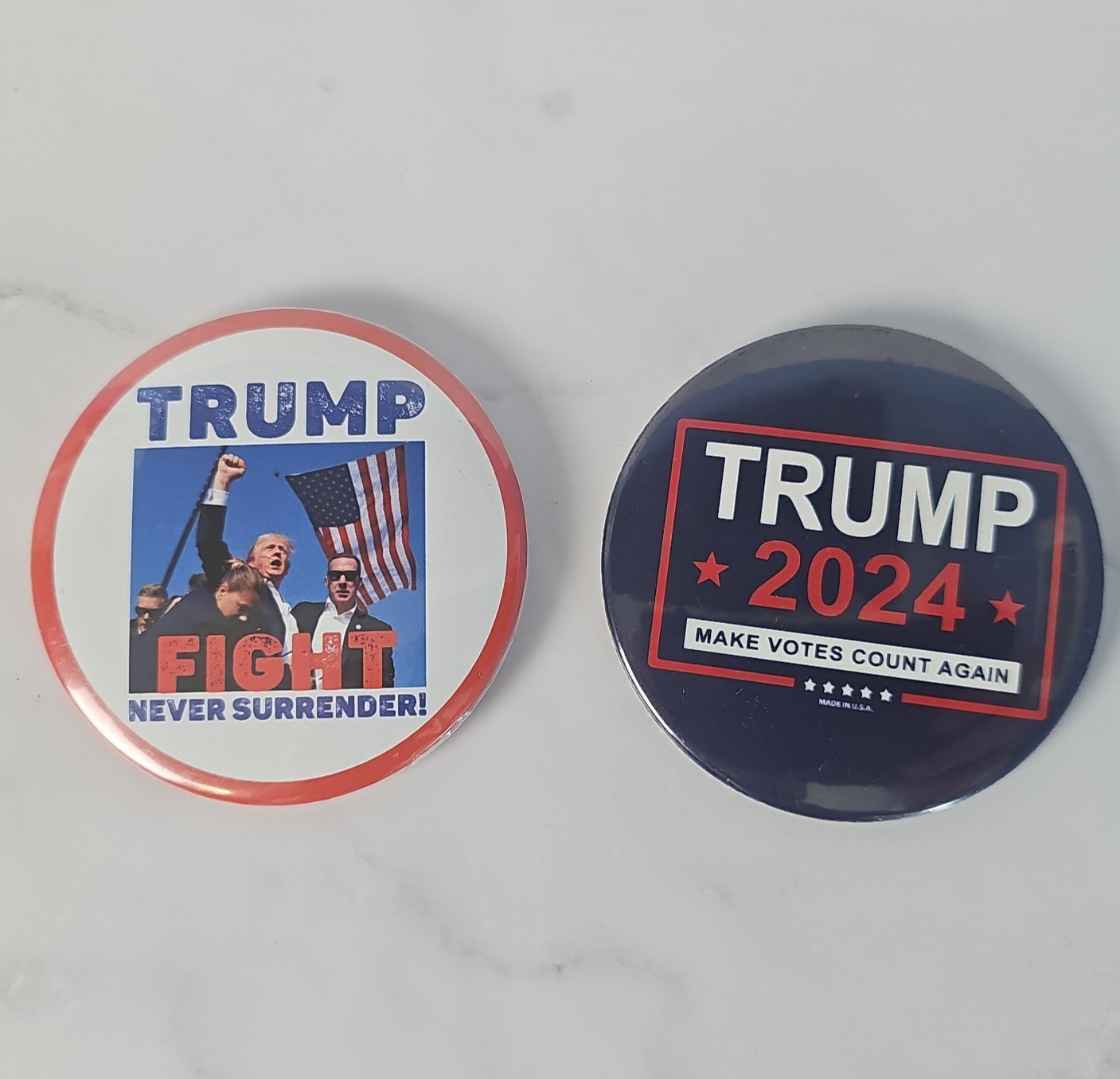 Donald Trump 2024 3 Inch Buttons: Fight Never Surrender, Make Votes Count Again