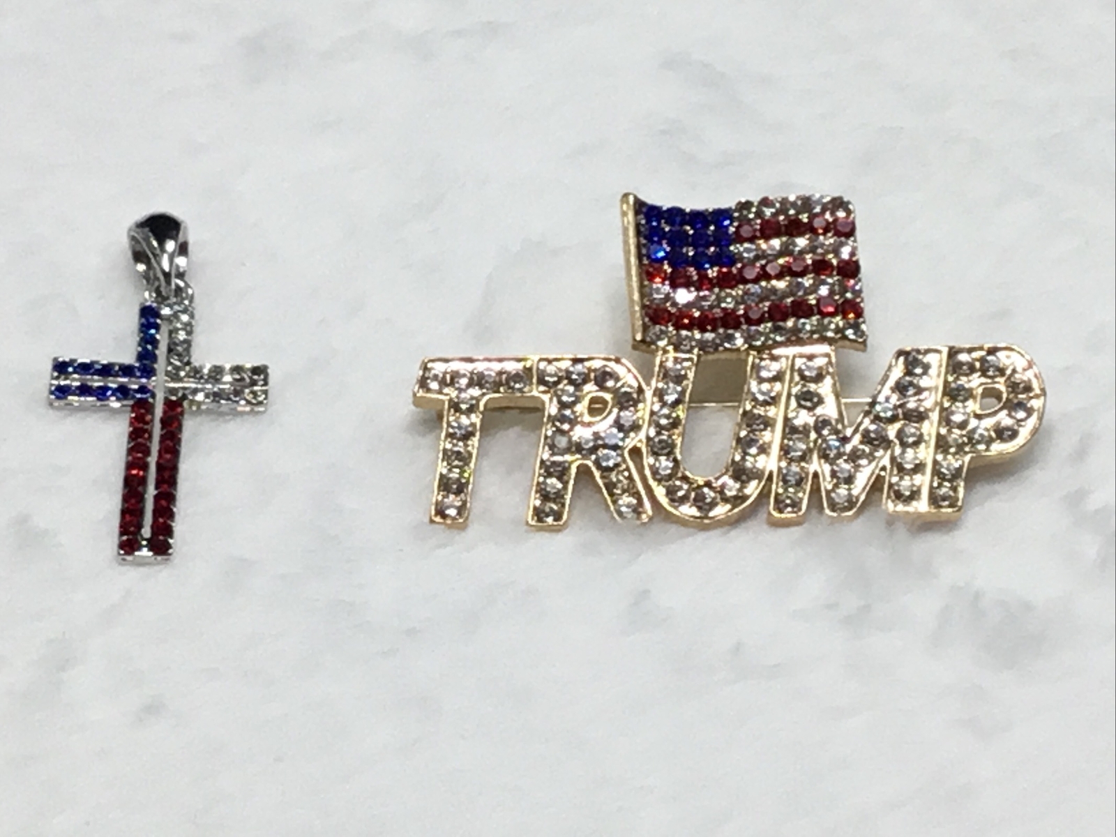 President Trump Rhinestone Pin with Red White and Blue American Flag + Cross