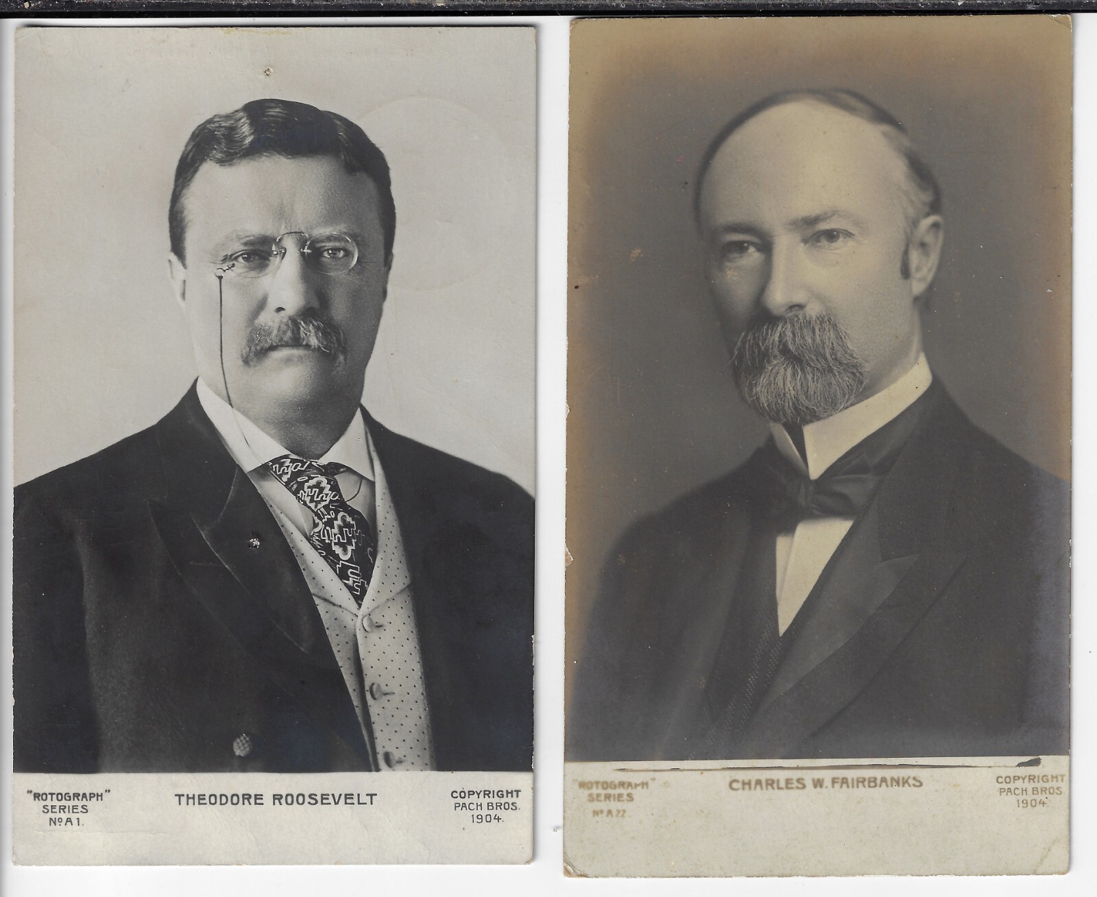Dated 1904 Pair Real Photo Rotograph Postcards T Roosevelt & Charles Fairbanks