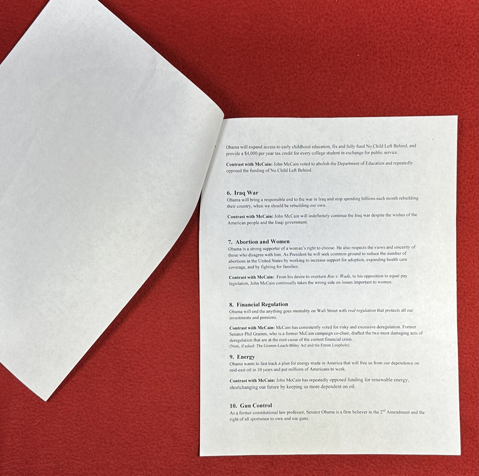 2008 Barack Obama Talking Points/Contrasts Press Release Presidential Campaign