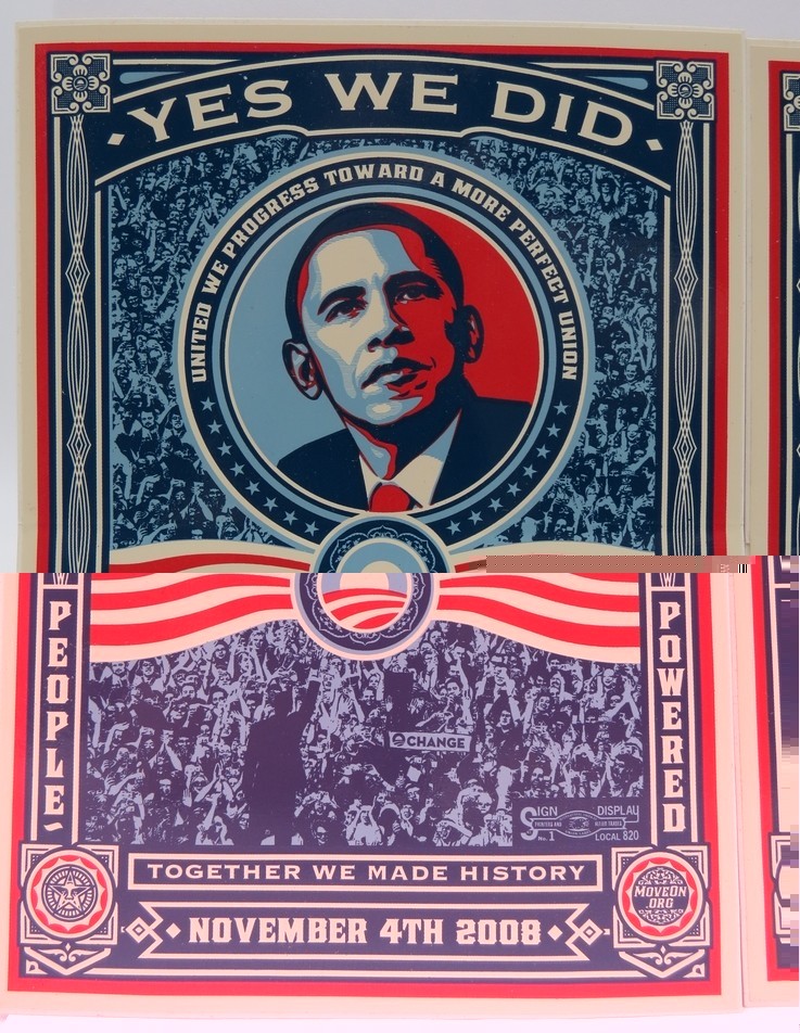 2 PRESIDENT BARACK OBAMA ‘YES WE DID’ SHEPARD FAIREY STICKERS