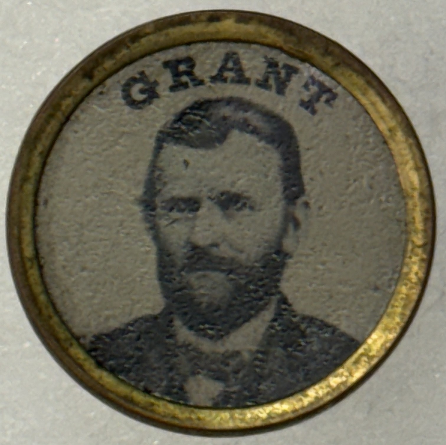 1868 ULYSSES S GRANT 3/4″ FERROTYPE W/STUD BACK CRISP IMAGE, SCARCE! EXC NR MINT