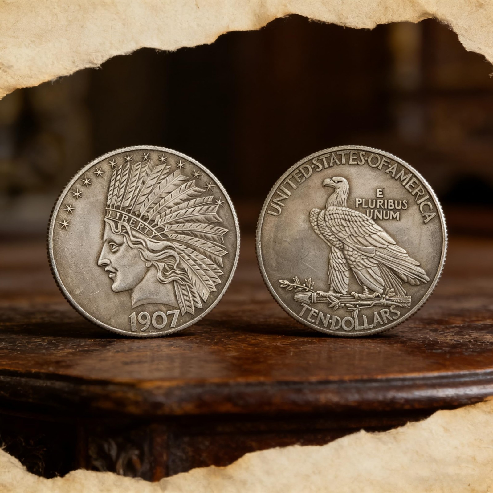 2PCS 1907 Antique Liberty Indian Head $10 Dollar Coin, Uncirculated Morgan Sil