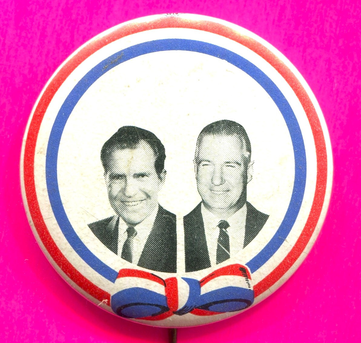 1968 NIXON AGNEW JUGATE BUTTON RED WHITE BLUE RIBBON BUTTON 1 3/4″