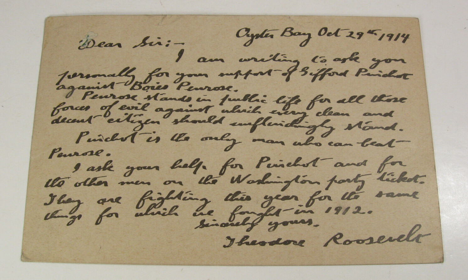 Theodore Roosevelt Printed Facsimile-Handwritten Note 1914/ Gifford Pinchot RARE