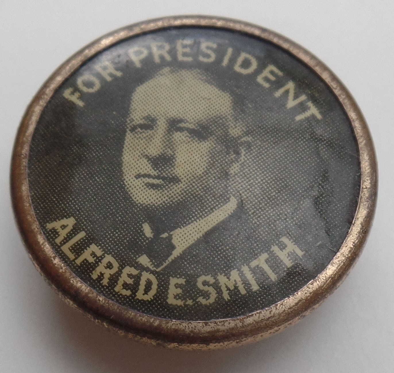 1928 Al Smith Presidential Campaign Celluloid Lapel Stud with a Gold Rim