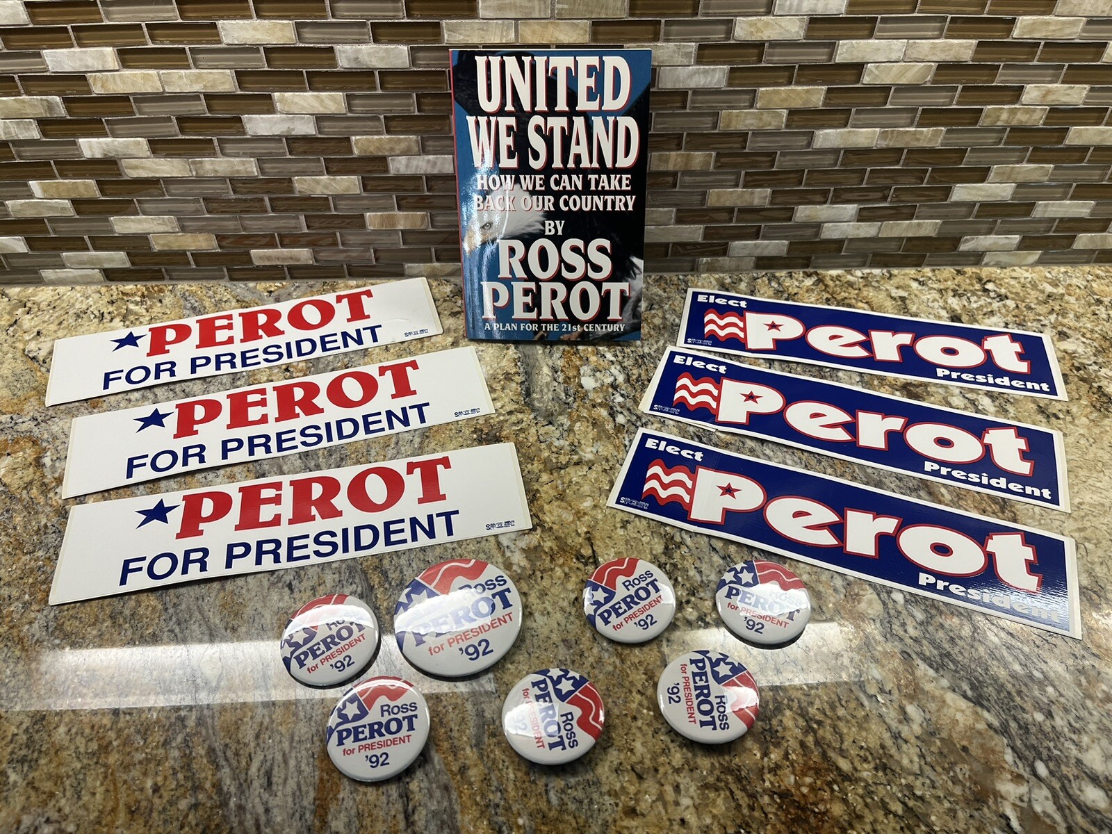 1992 ROSS PEROT Campaign LOT) Stickers / Pins /United We Stand Autographed Book!