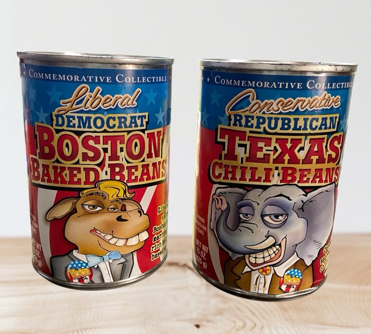 Vtg 2004 Vietti Republican Democrat Political Bean Cans Unopened Pair Election