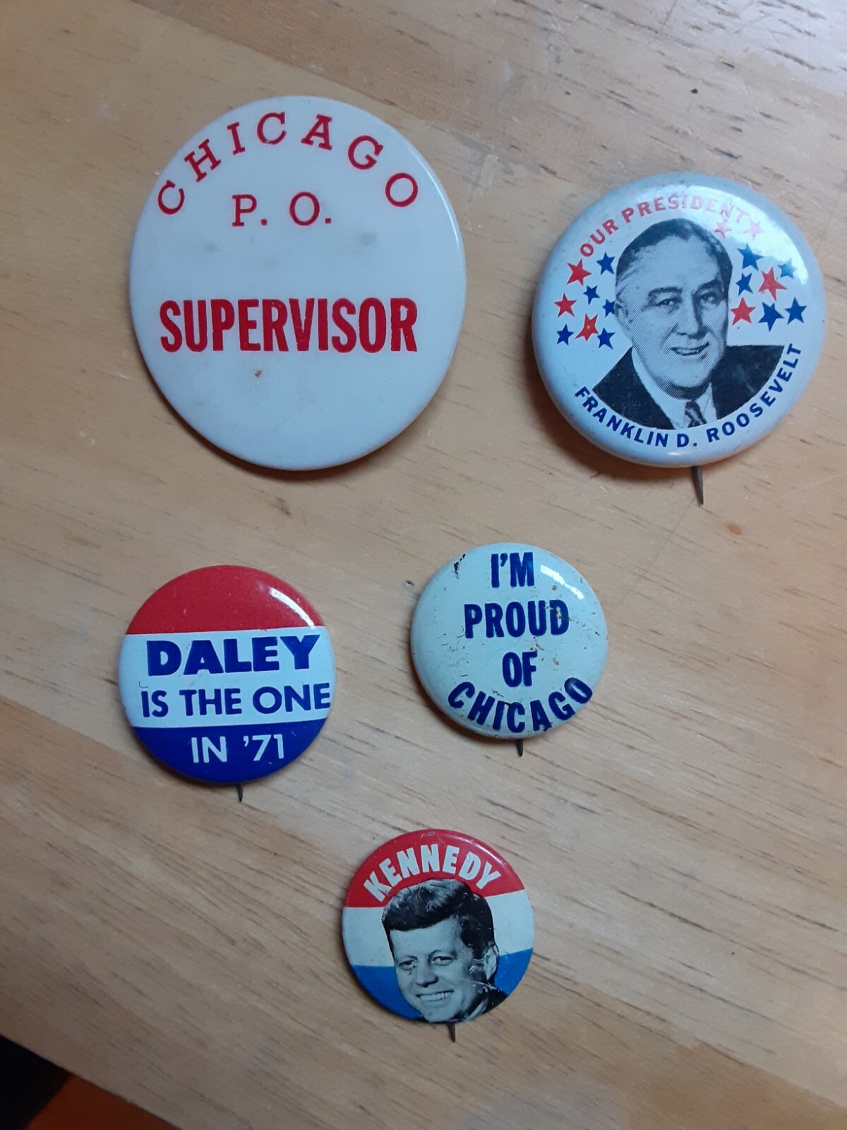 Vintage Franklin D Roosevelt and other political buttons.