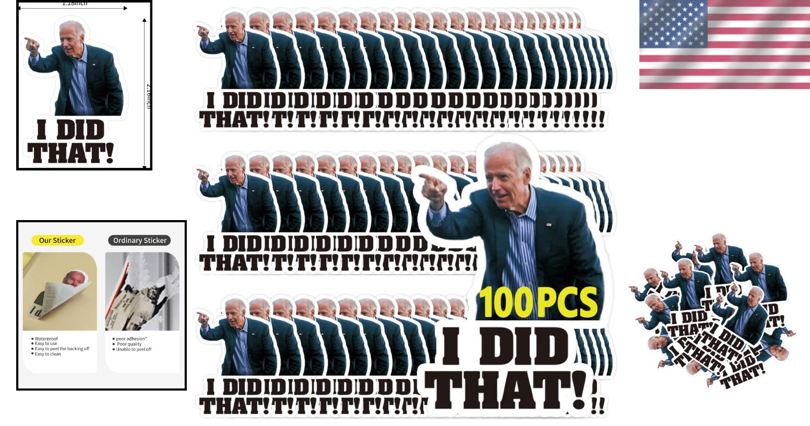 Waterproof Biden Stickers 100 Pcs Funny Reflective Decals for Cars and Helmets